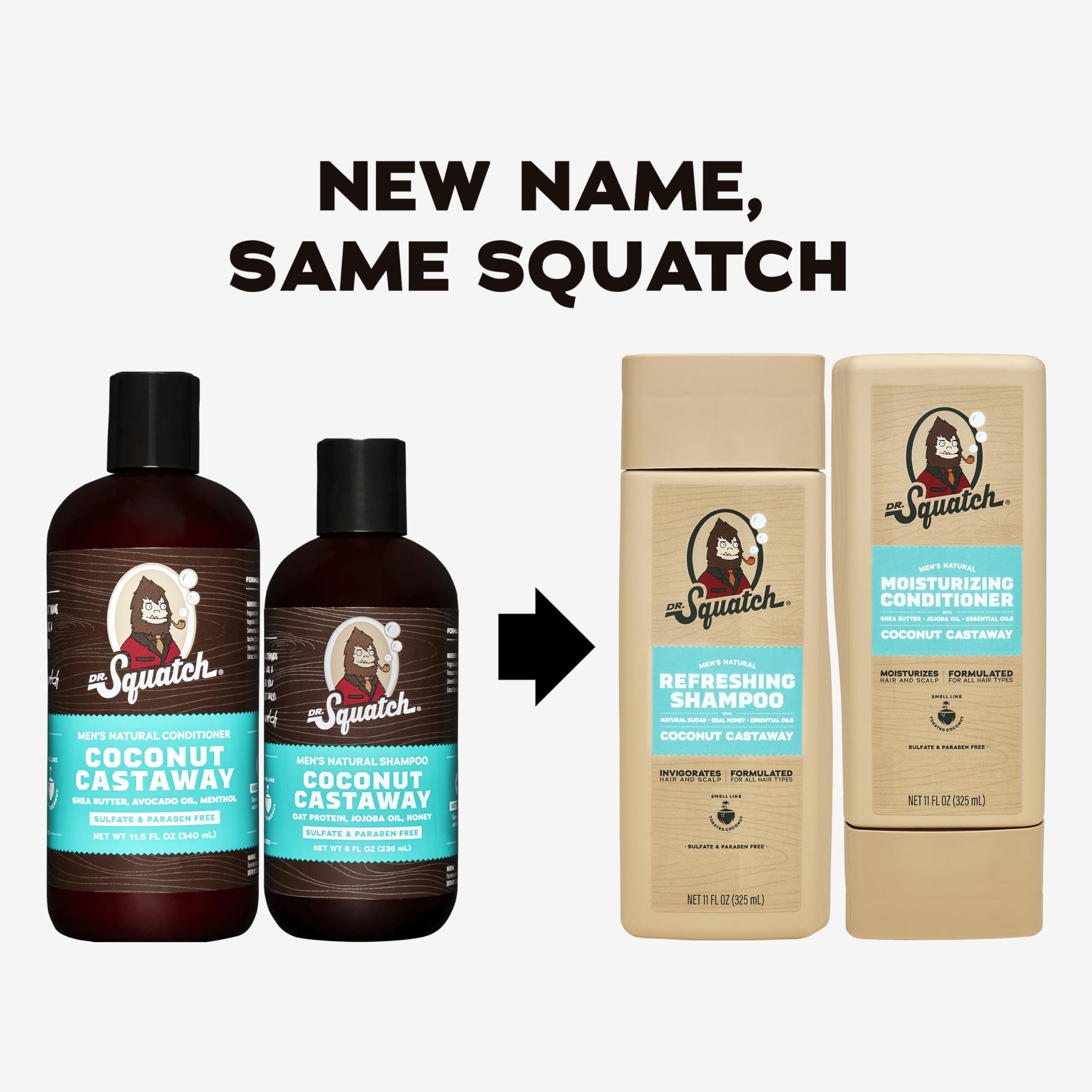 Dr. Squatch Coconut Castaway conditioner bottle promotes moisturized, manageable hair.