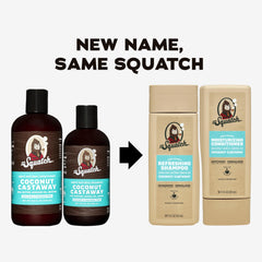 Dr. Squatch Coconut Castaway conditioner bottle promotes moisturized, manageable hair.