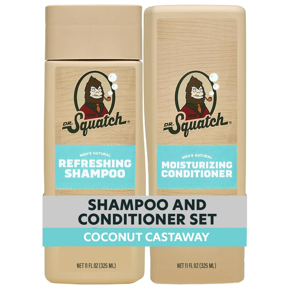 Dr. Squatch Coconut Castaway shampoo bottle highlights natural ingredients for silky hair.
