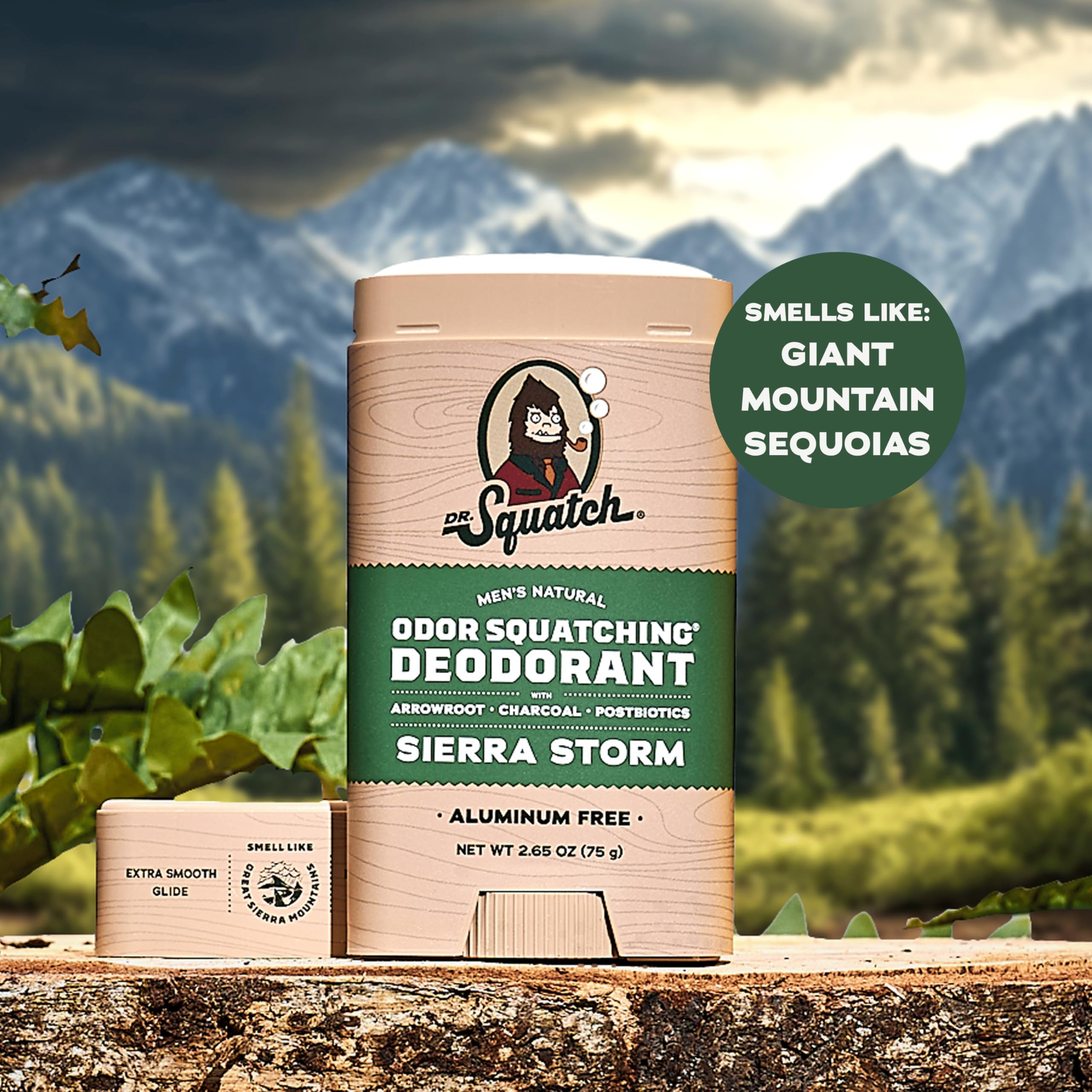 Dr. Squatch Lumberjack Lodge deodorant label close-up highlights charcoal and postbiotics.