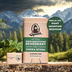 Dr. Squatch Lumberjack Lodge deodorant label close-up highlights charcoal and postbiotics.