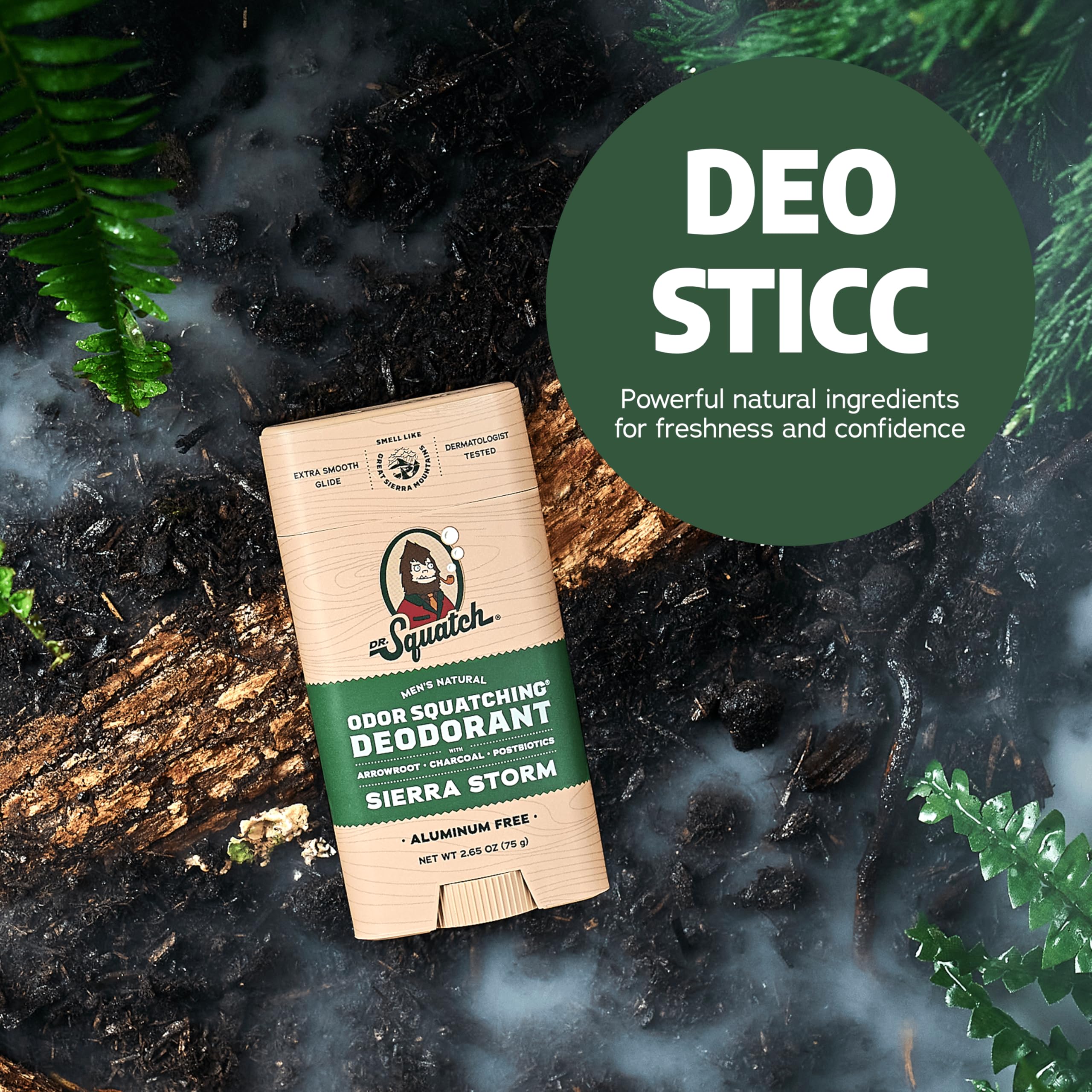 Dr. Squatch Mountain Meadow with scenic background evokes rugged masculine scent.