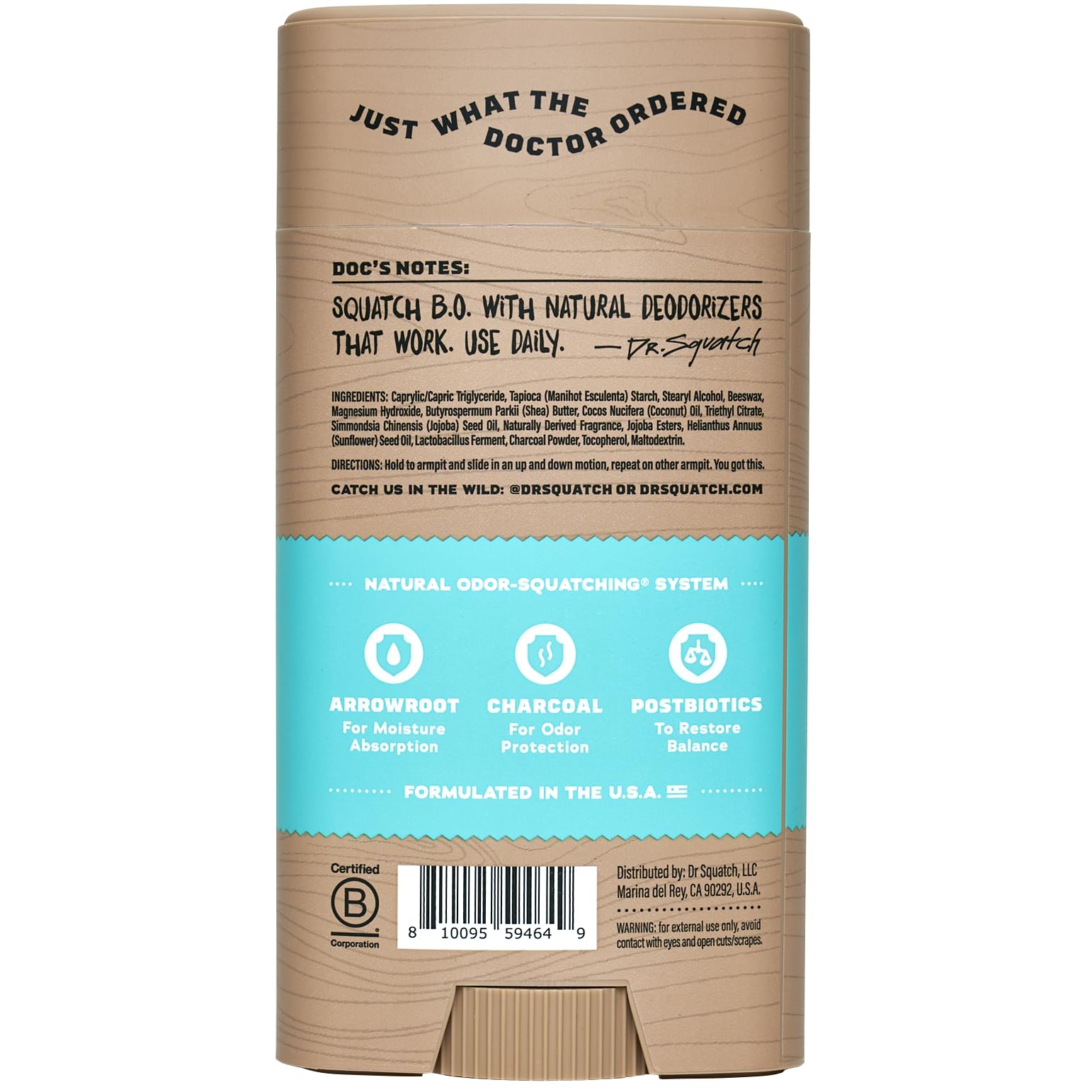 Dr. Squatch deodorant stick in use after a shower for quick application.