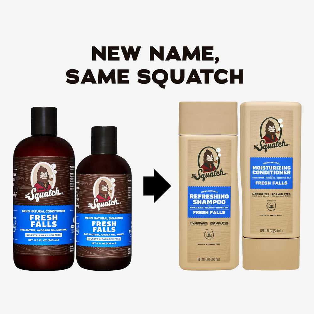 Dr. Squatch Fresh Falls conditioner bottle smooths and nourishes hair.