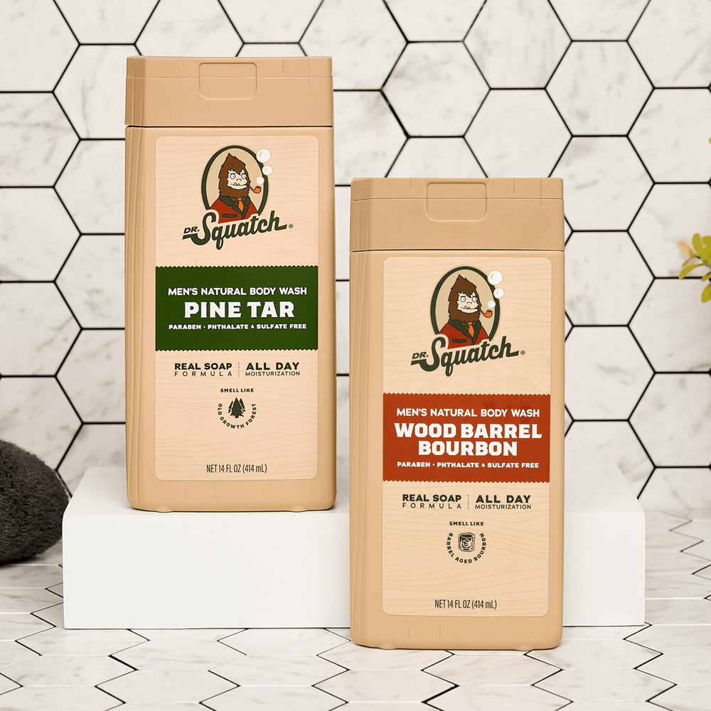 Dr. Squatch Pine Tar label texture communicates rugged, natural grooming appeal.