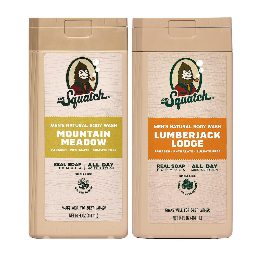 Dr. Squatch Mountain Meadow bottle highlights a natural cleanse with long-lasting scent.