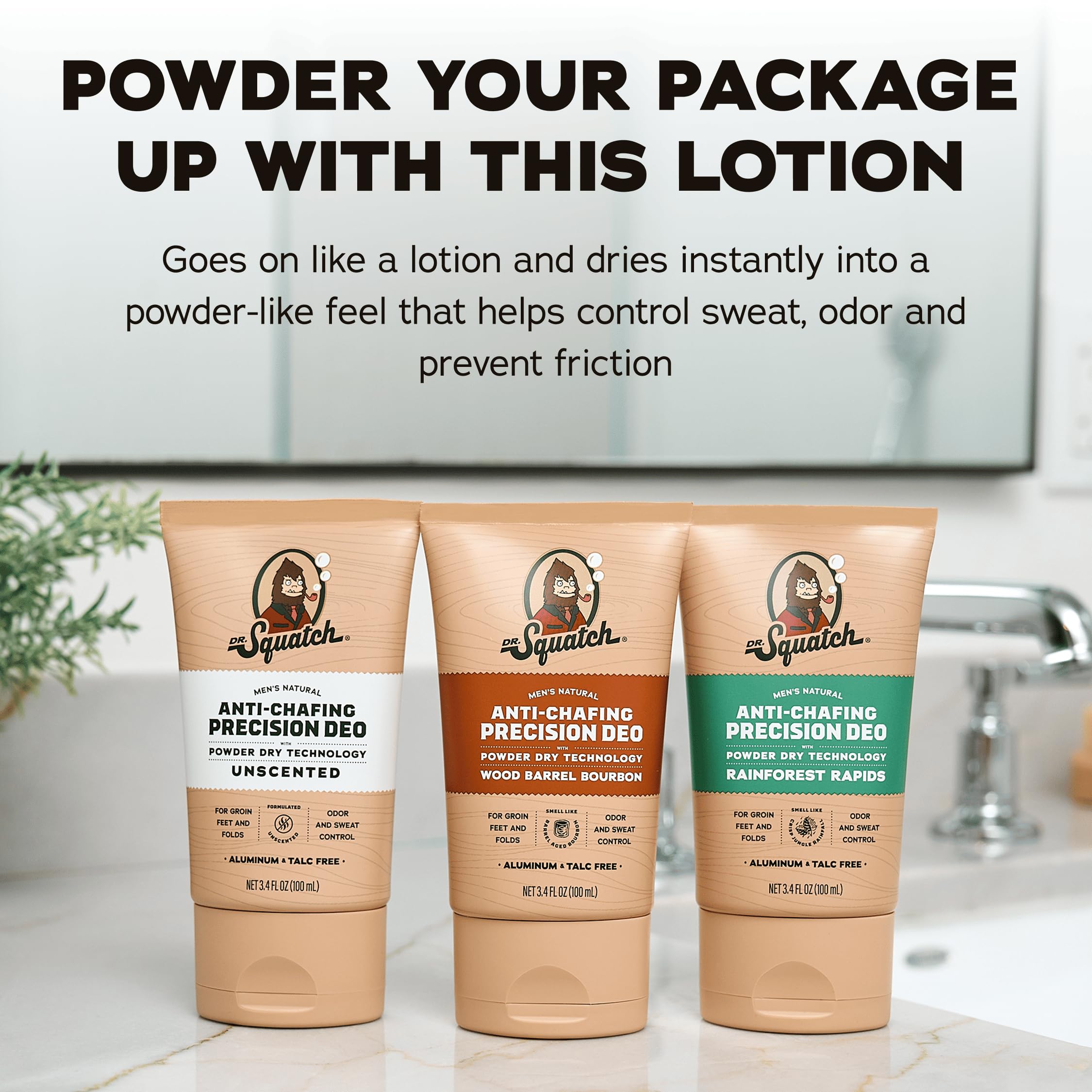 Dr. Squatch natural arrowroot and tapioca support talc-free protection.