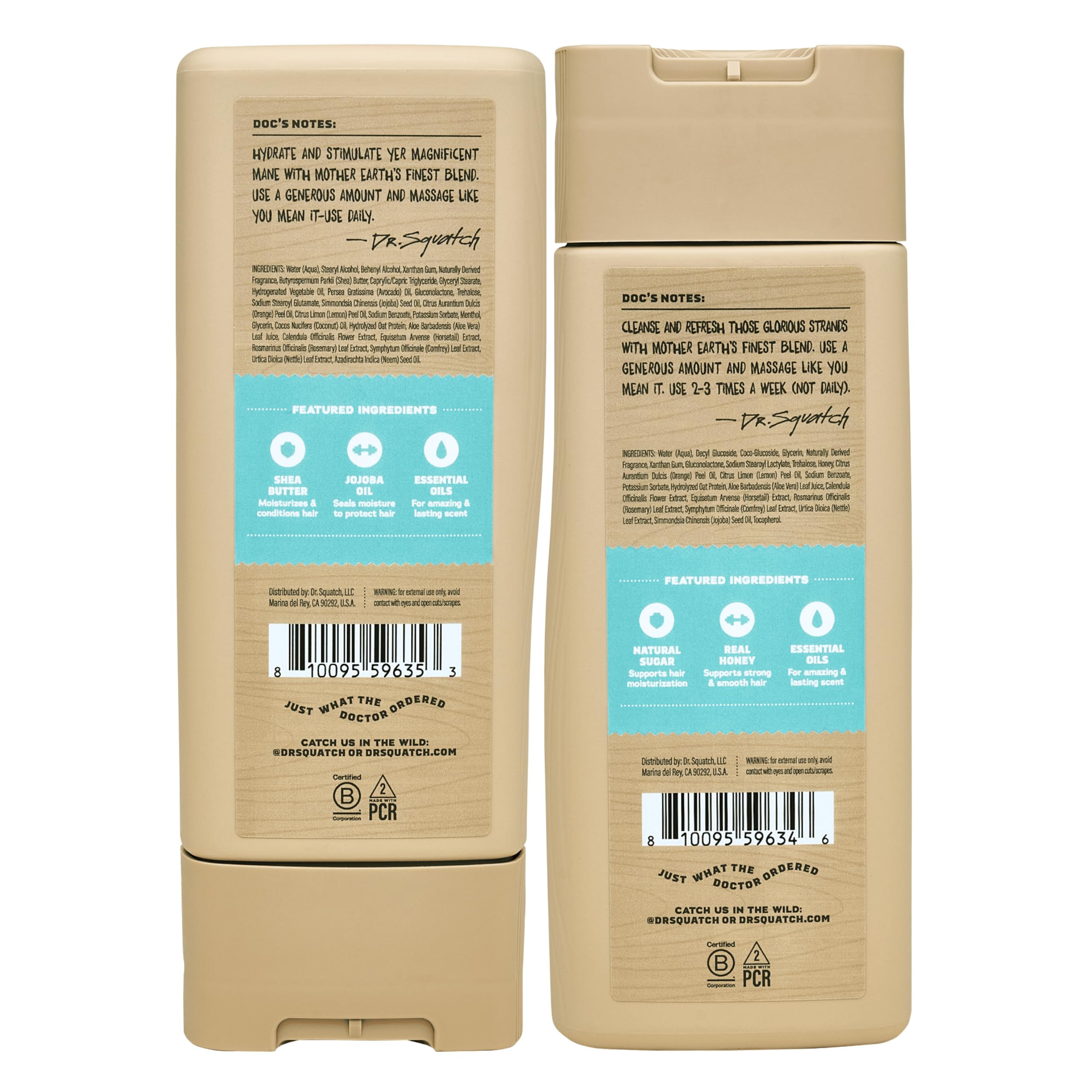 Dr. Squatch natural ingredients graphic highlights jojoba oil, oat protein, and shea butter.