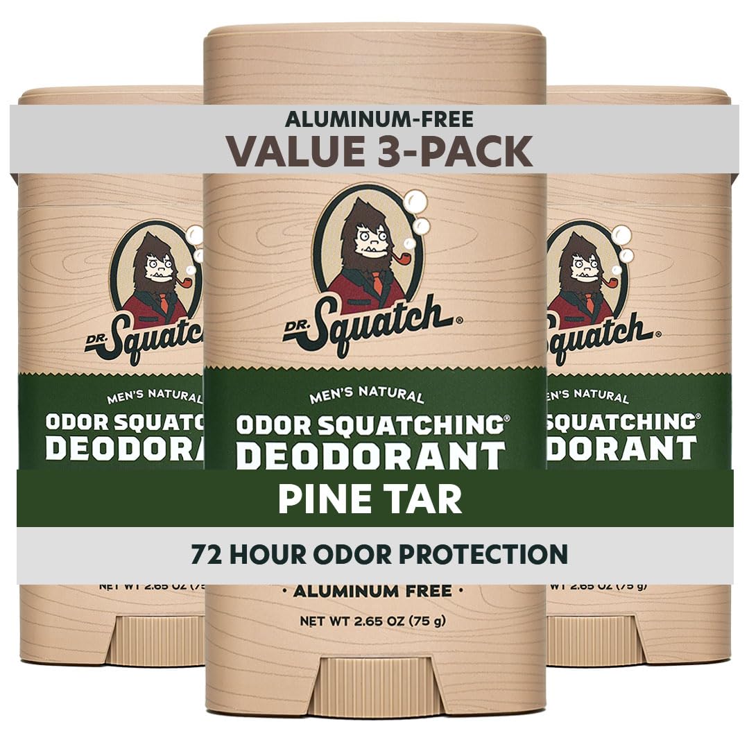 Dr. Squatch Pine Tar deodorant stick 3-pack offers long-lasting odor protection.