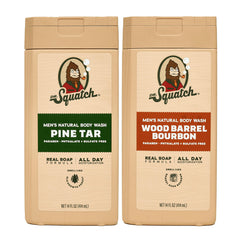 Dr. Squatch Pine Tar Wood Barrel Bourbon bottle shows long-lasting scent and natural cleansing.