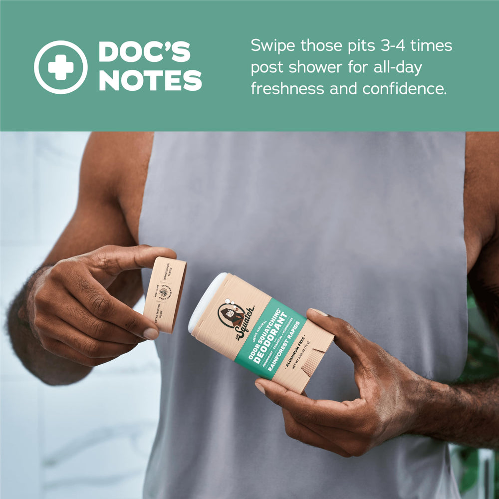 Dr. Squatch deodorant with postbiotics promoting skin-friendly protection.