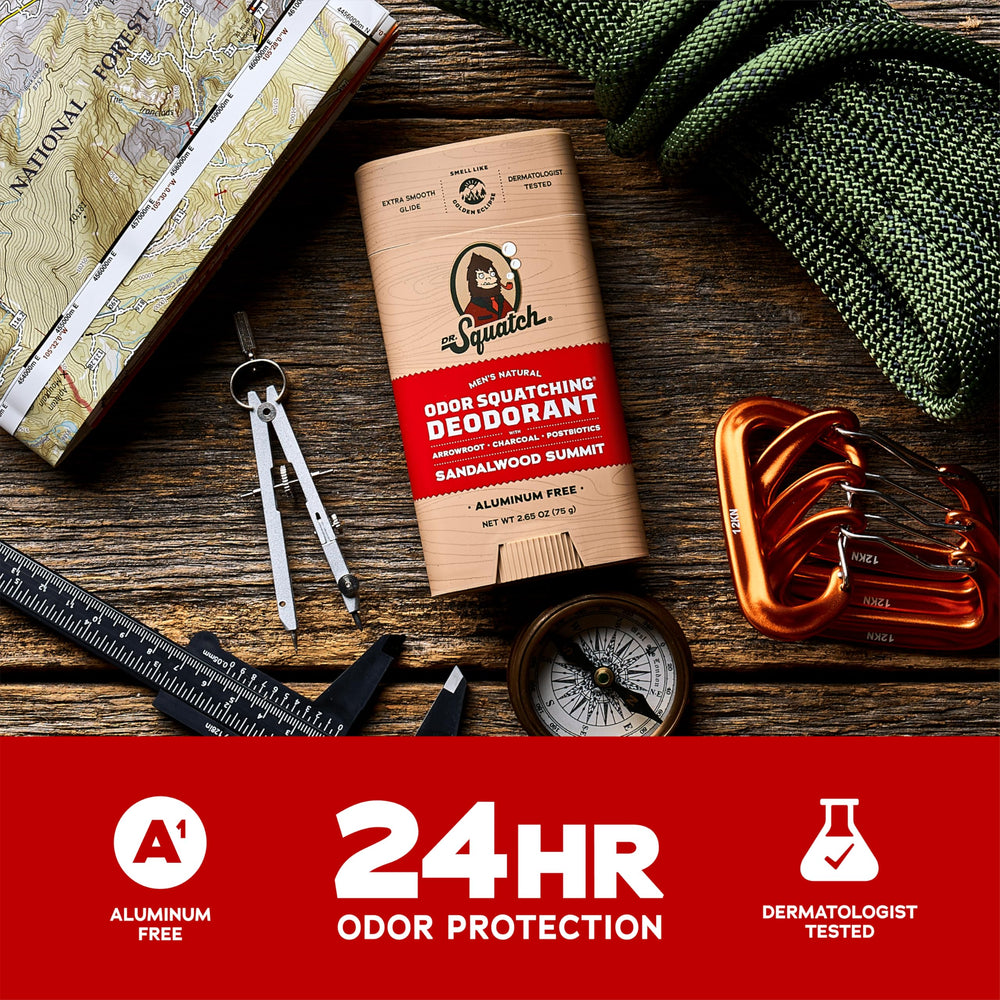 Dr. Squatch Sandalwood Summit 3-pack on countertop after shower.
