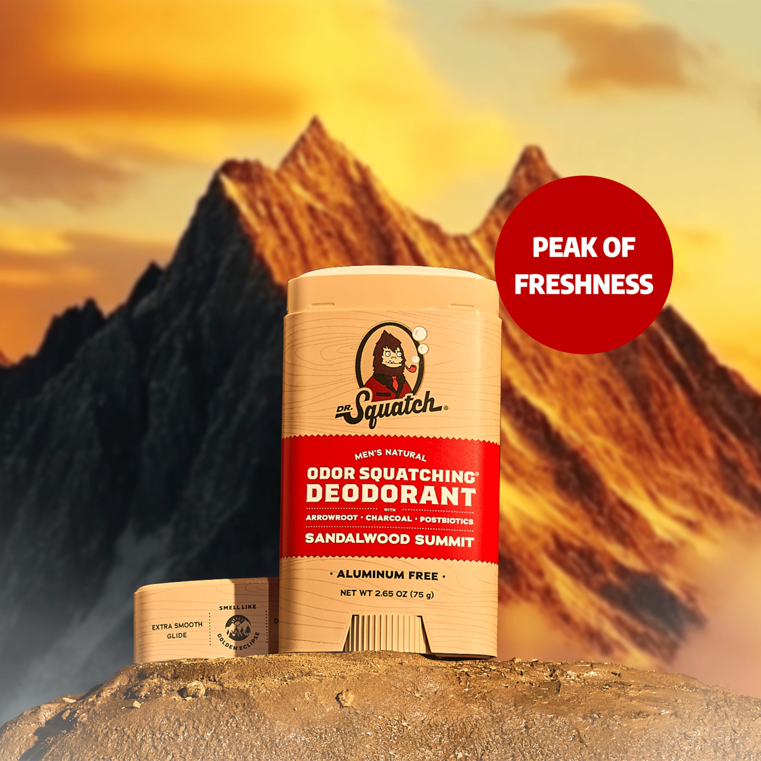 Dr. Squatch Sandalwood Summit deodorant close-up highlighting charcoal and postbiotics.