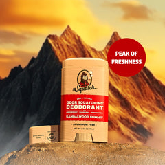 Dr. Squatch Sandalwood Summit deodorant close-up highlighting charcoal and postbiotics.