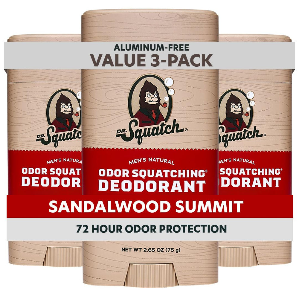 Dr. Squatch Sandalwood Summit deodorant stick 3-pack front view with lasting protection.