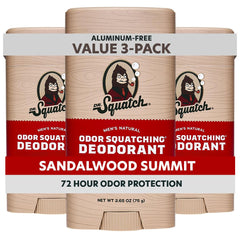 Dr. Squatch Sandalwood Summit deodorant stick 3-pack front view with lasting protection.