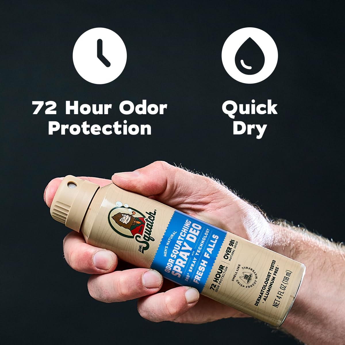 Dr. Squatch spray deodorant bottle close-up with Fresh Falls label