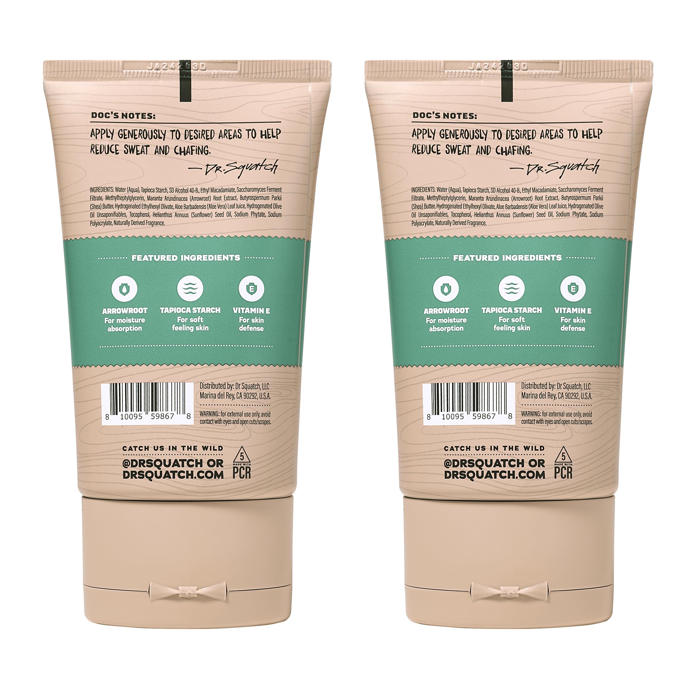 Dr. Squatch Rainforest Rapids packaging shows dermatologist-tested suitability for skin types.