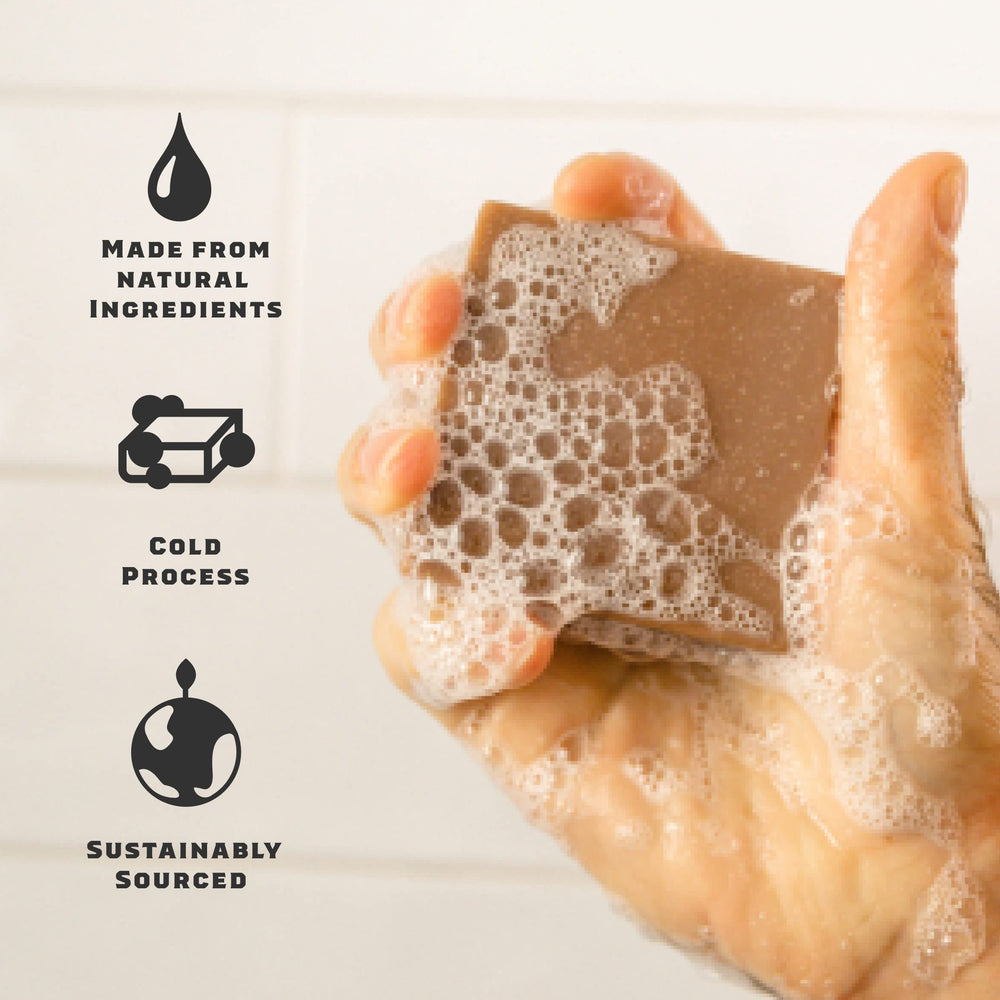 Dr. Squatch Wood Barrel Bourbon bar soap features warm notes for a pampering cleanse.