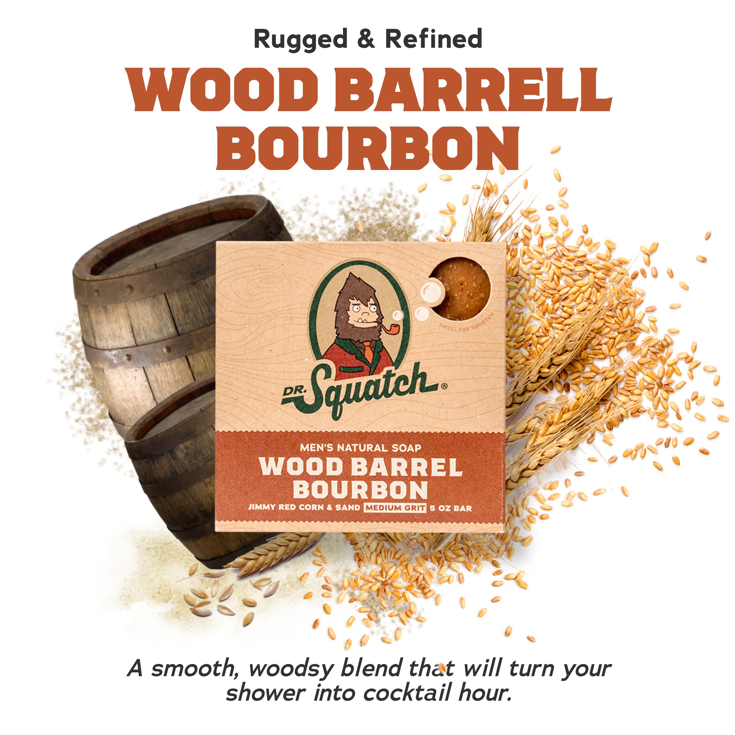 Dr. Squatch Wood Barrel Bourbon bar releasing warm, masculine fragrance in the shower.