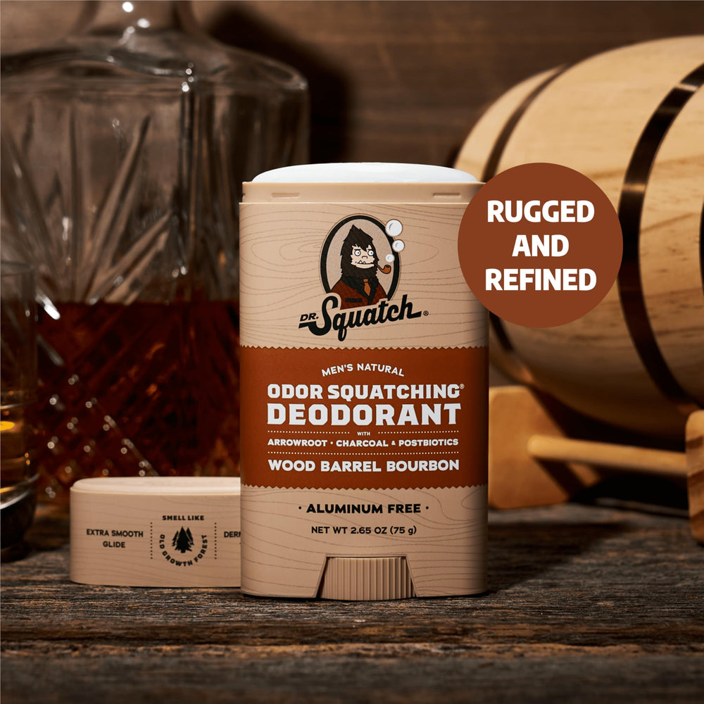 Dr. Squatch Wood Barrel Bourbon deodorant stick back label with aluminum-free assurance
