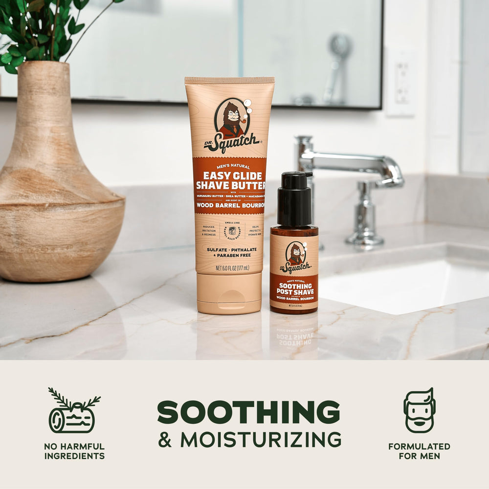 Dr. Squatch Wood Barrel Bourbon scent on the bottle for rugged masculine aroma