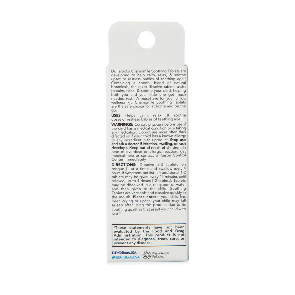 Dr. Talbot's chamomile tablets proudly USA-manufactured packaging