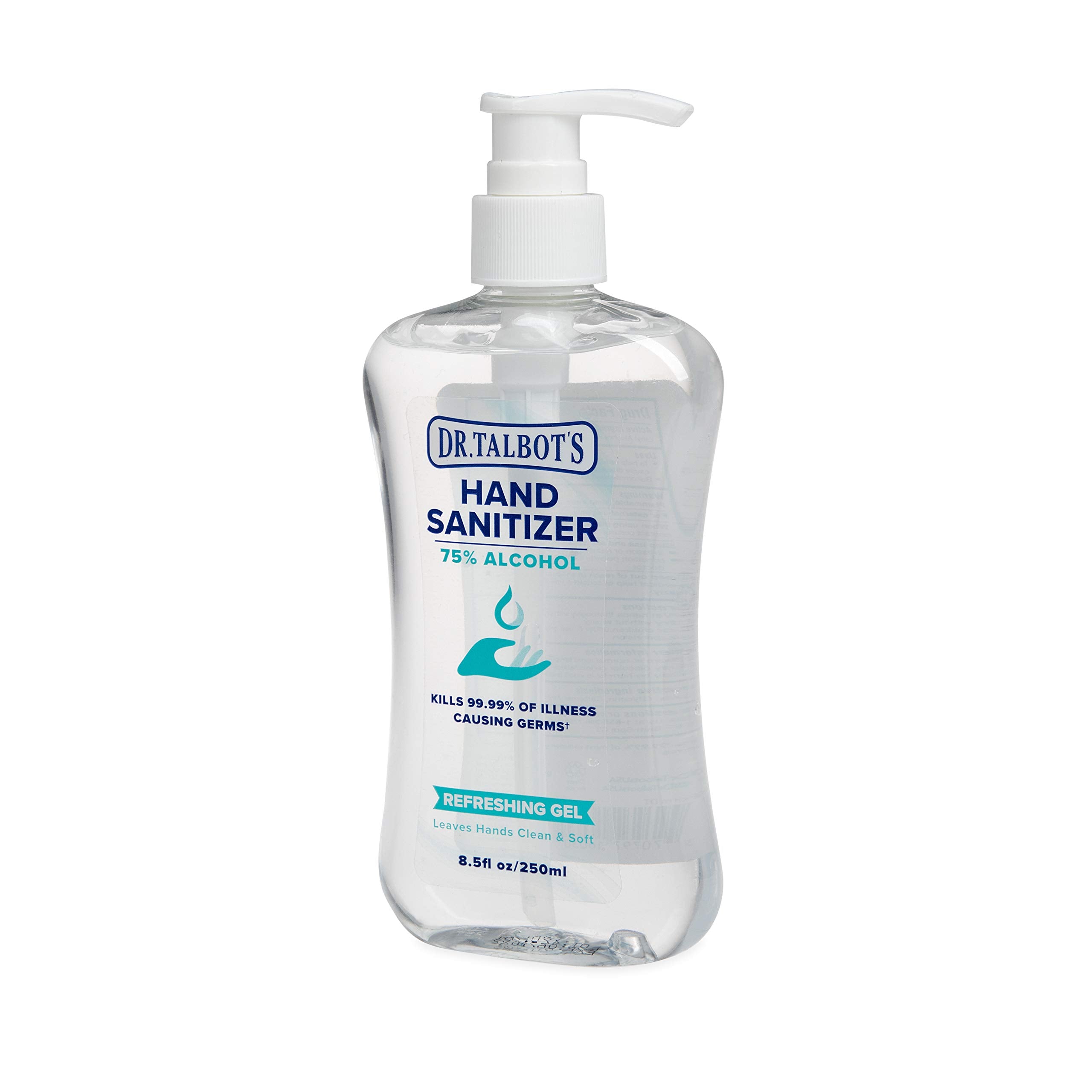 Dr. Talbot's fragrance-free sanitizer label close-up highlighting 75% ethanol content.