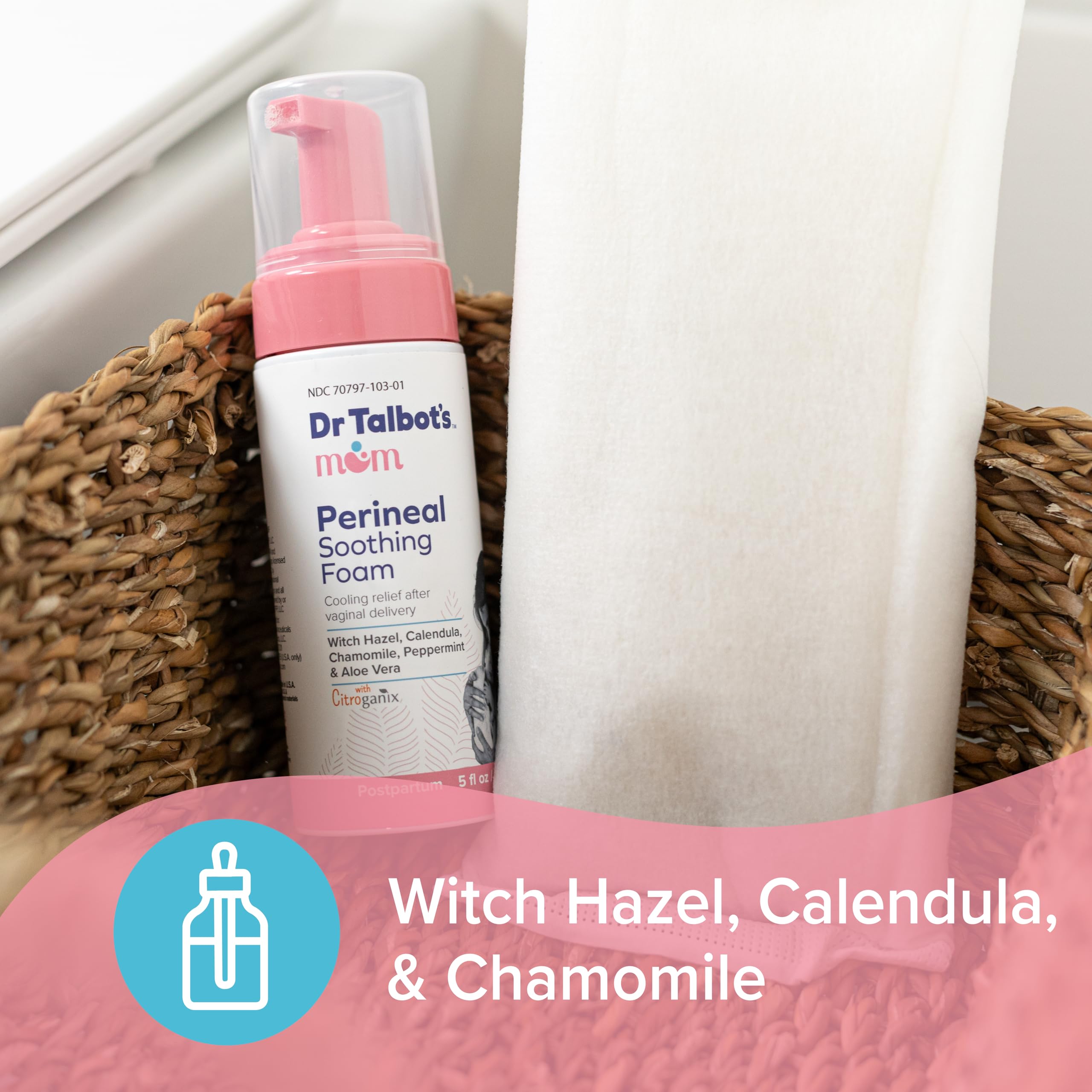 Pairing the foam with Perineal Pad Liners demonstrates a complete aftercare approach.
