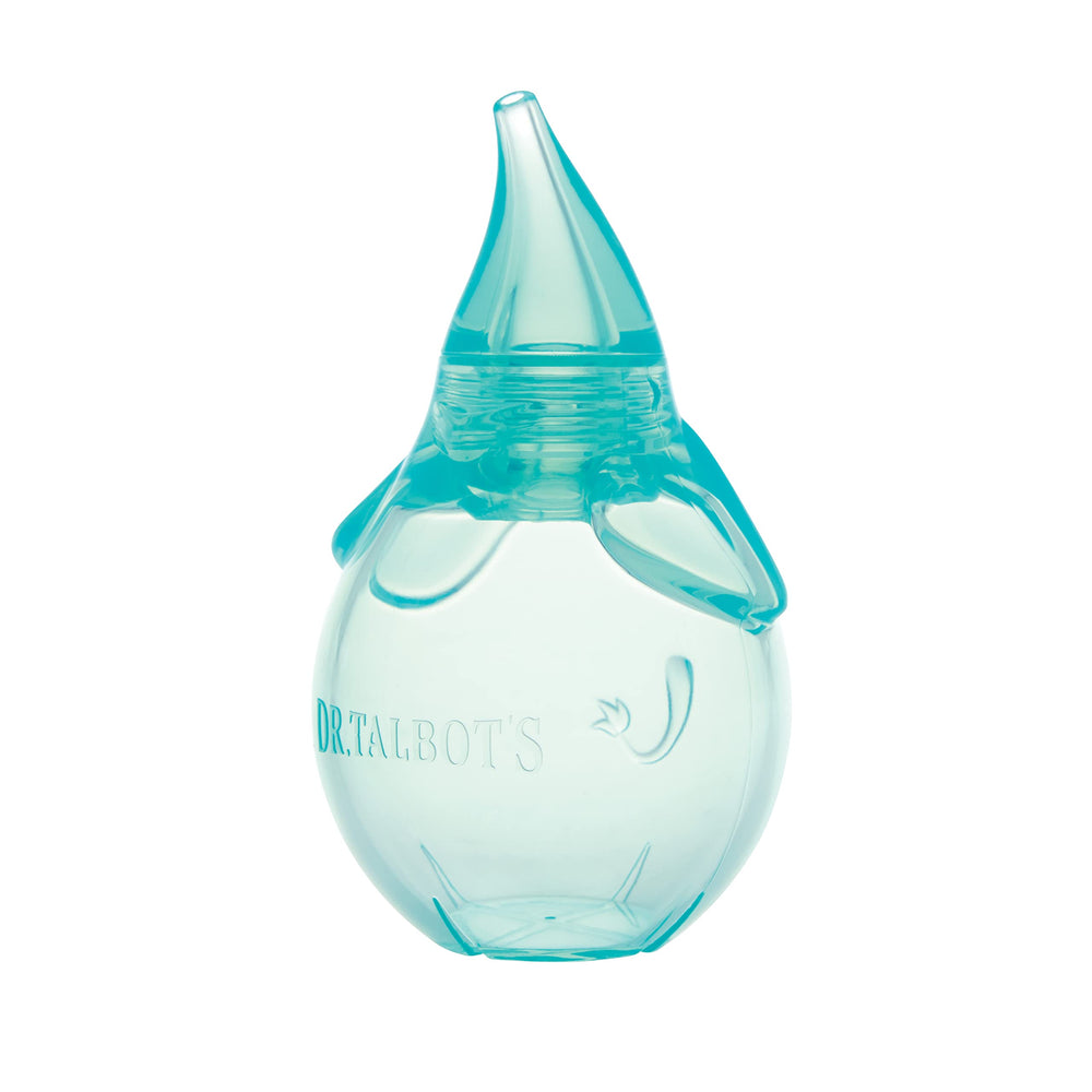 Dr. Talbot's nasal aspirator front view in blue elephant design aids gentle relief.