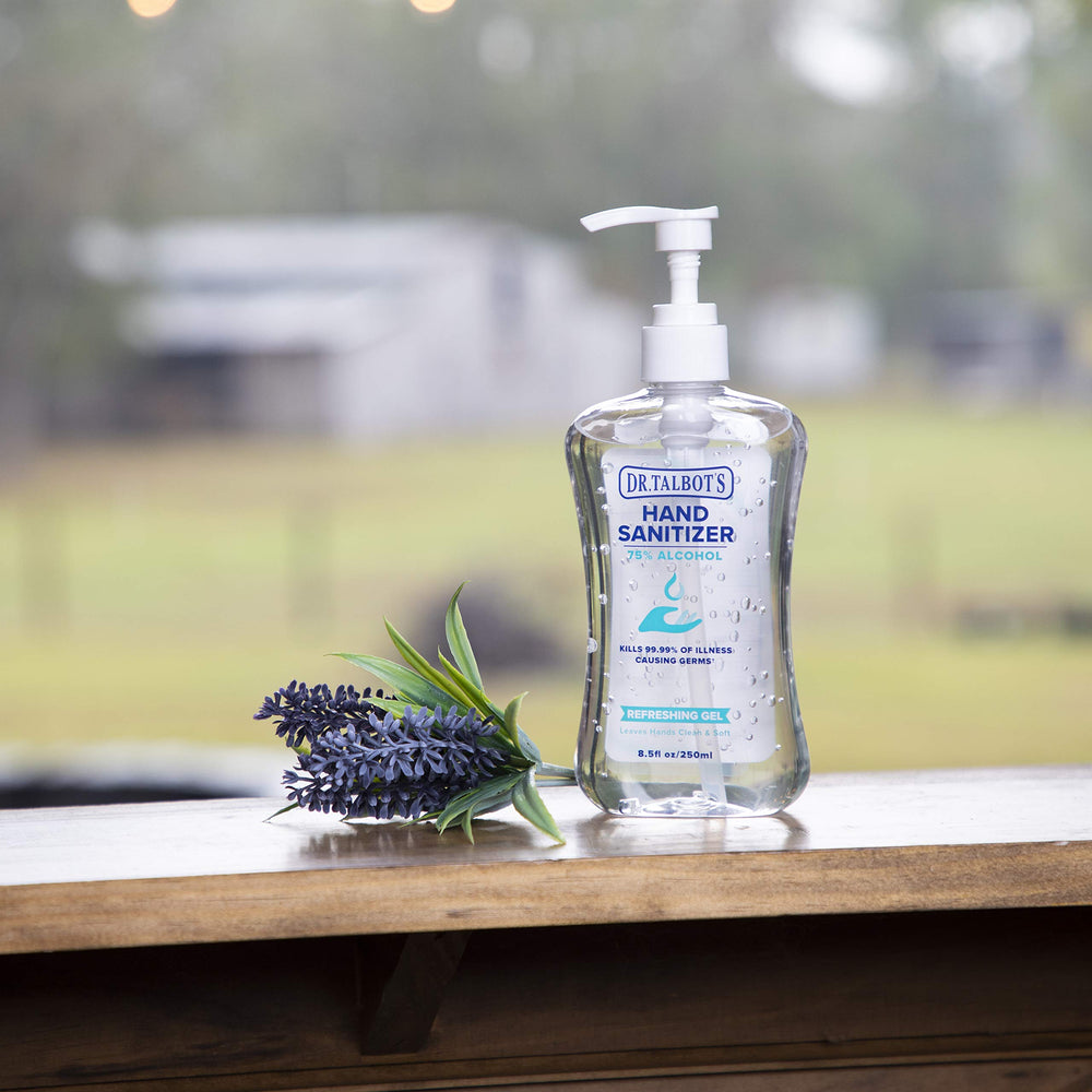 Dr. Talbot's sanitizer bottle placed by sink and desk for easy access.