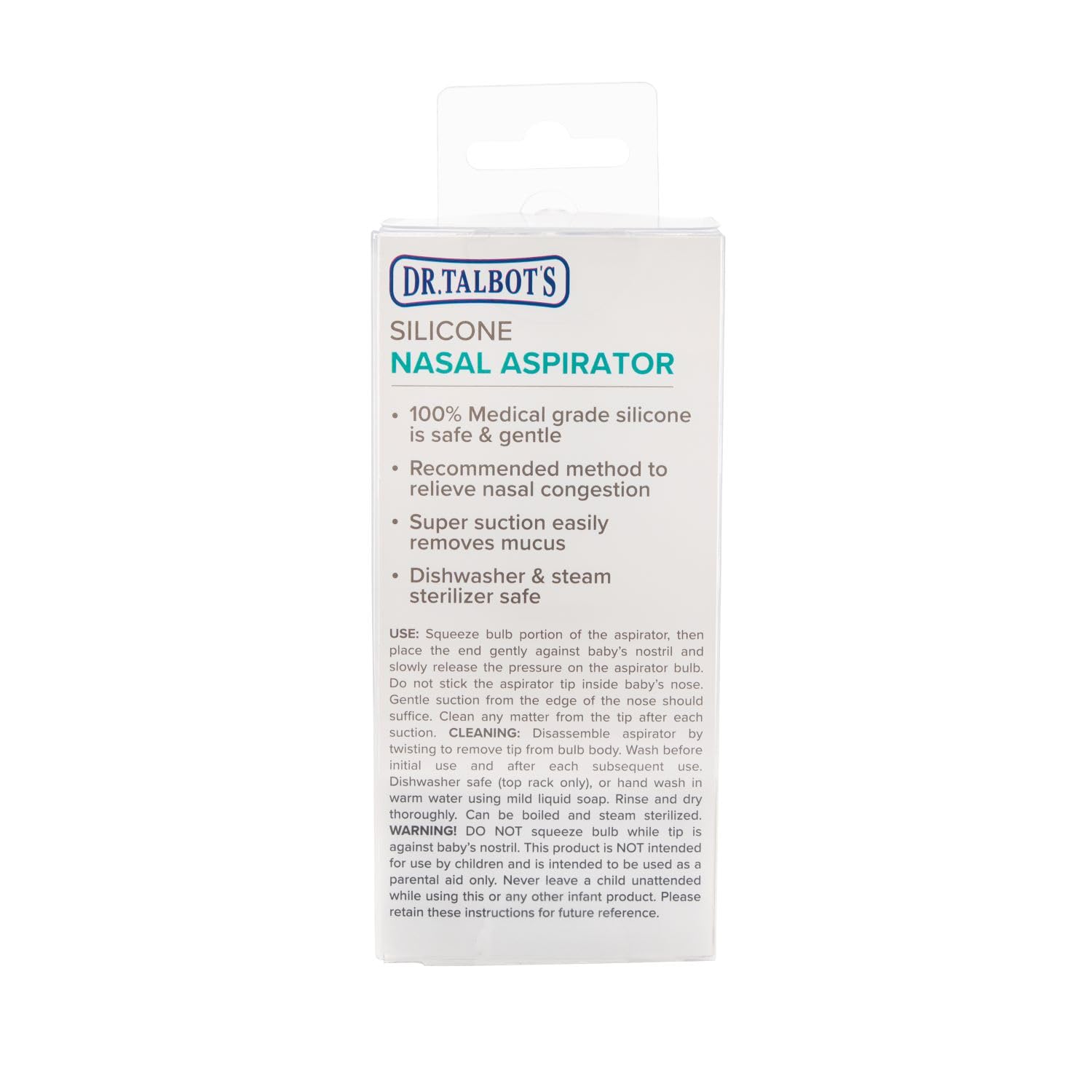 Dr Talbot's transparent nose cleaner shows visible mucus collection.