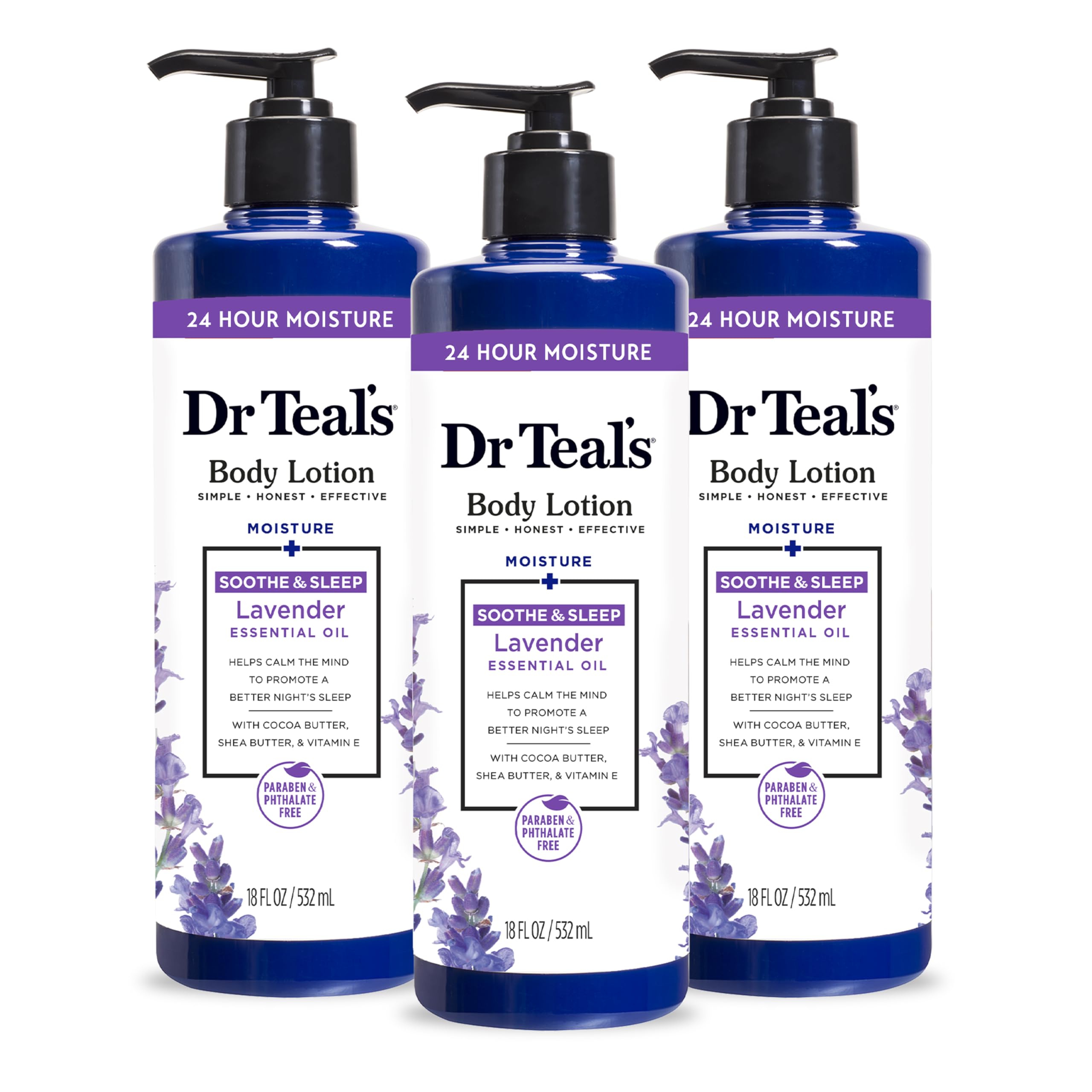 Dr Teal's 24 Hour Moisture Lavender bottle pour delivers deep hydration.