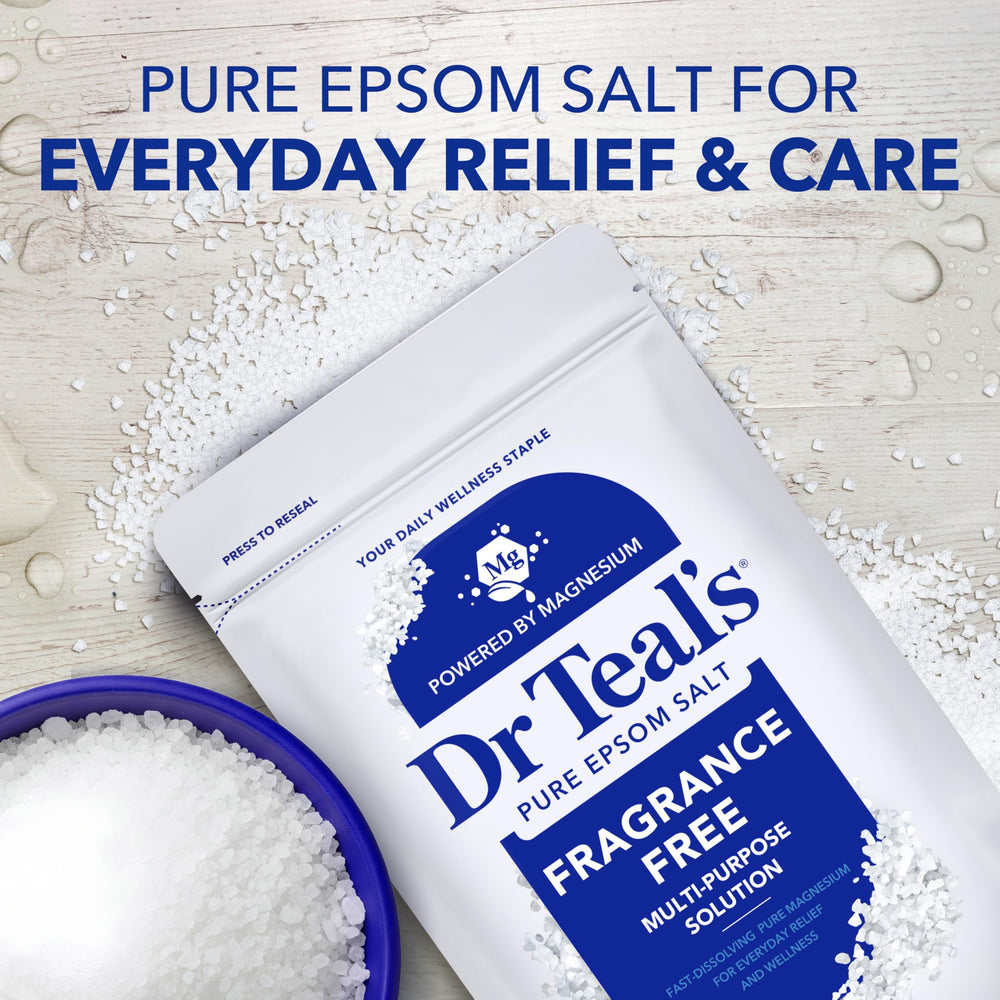 Dr Teal's 4 lb resealable bag sits on a bathroom shelf.