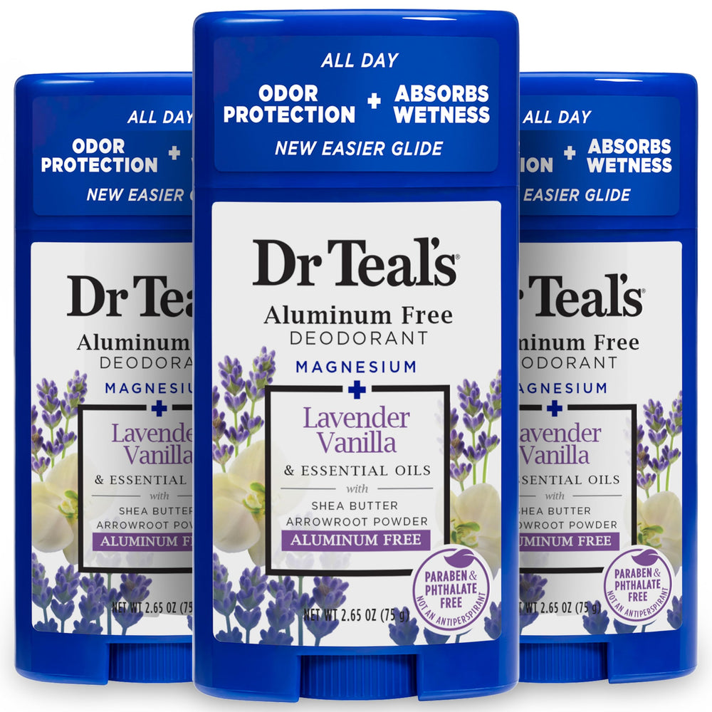 Dr Teal's aluminum-free deodorant Lavender Vanilla 3-pack on display, long-lasting odor control