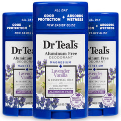 Dr Teal's aluminum-free deodorant Lavender Vanilla 3-pack on display, long-lasting odor control