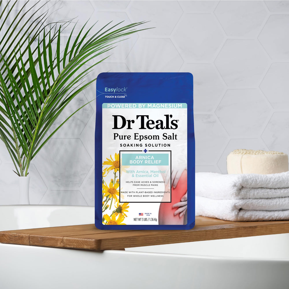 Dr Teal's Arnica Menthol bath scene conveying a serene spa experience
