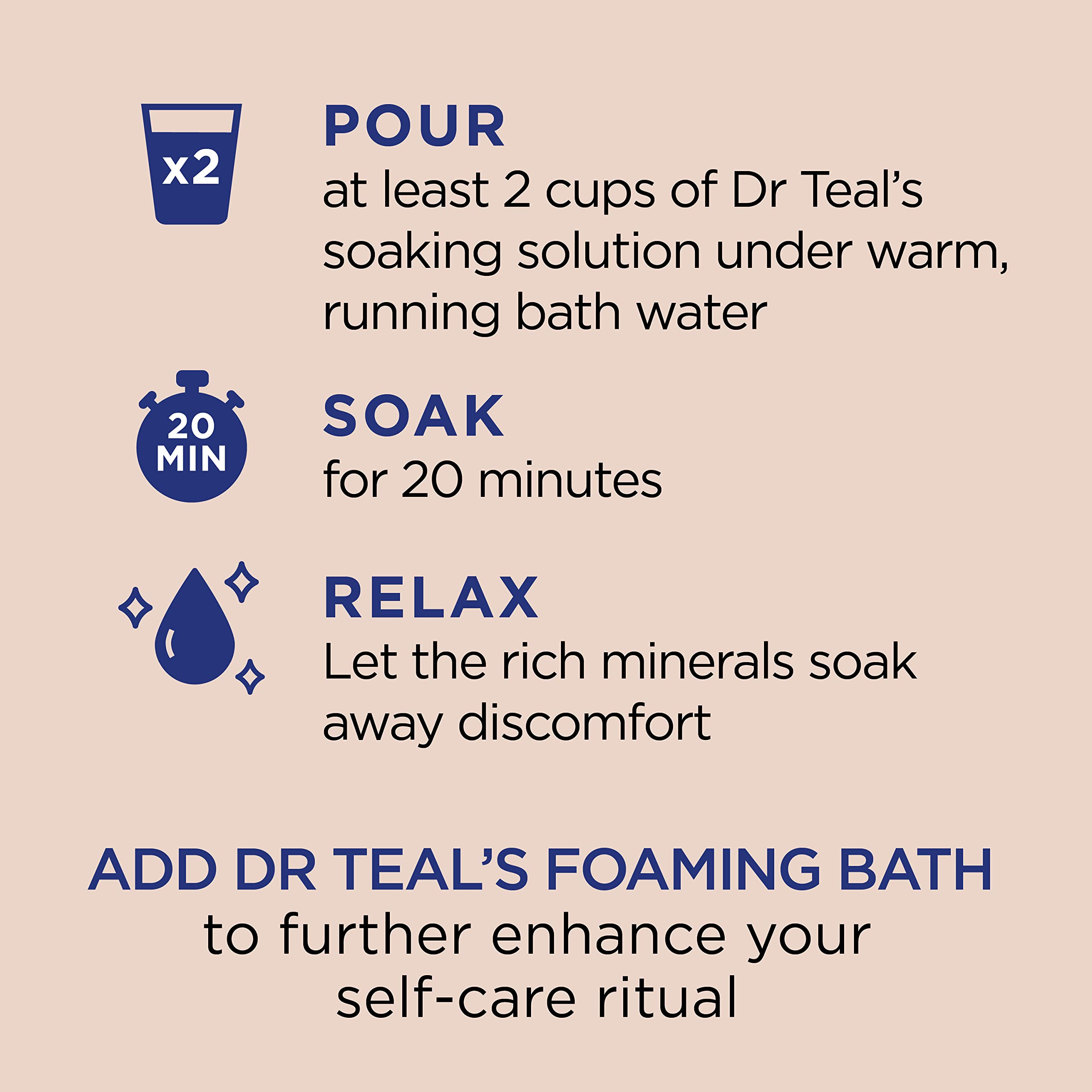 Soothing bath scene suggests stress relief with Dr Teal's soak.