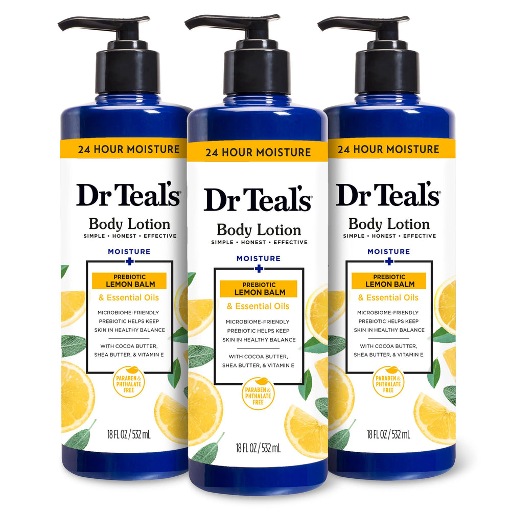 Dr Teal's Body Lotion lemon prebiotic lemon balm front view showing bottle and label benefits