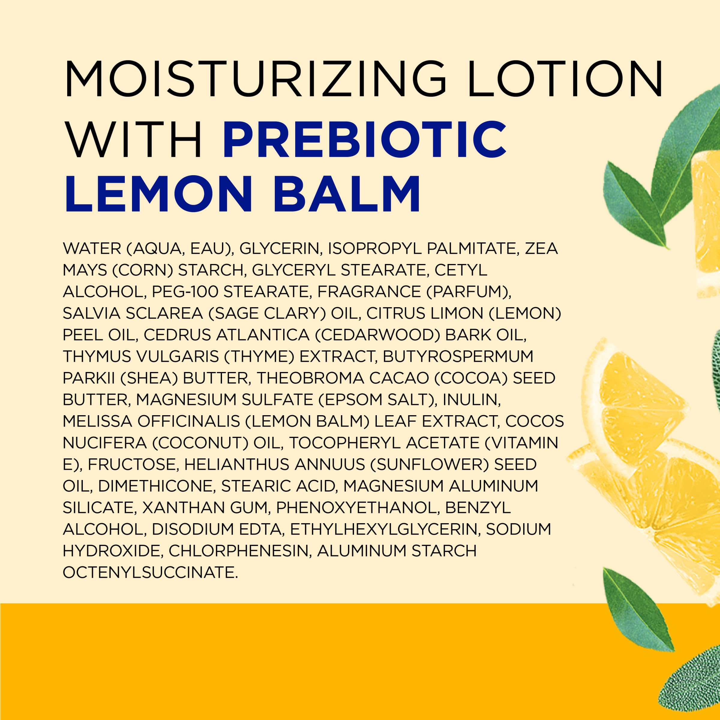 Bottle design with lemons and herbs motif conveying lemon balm and essential oils