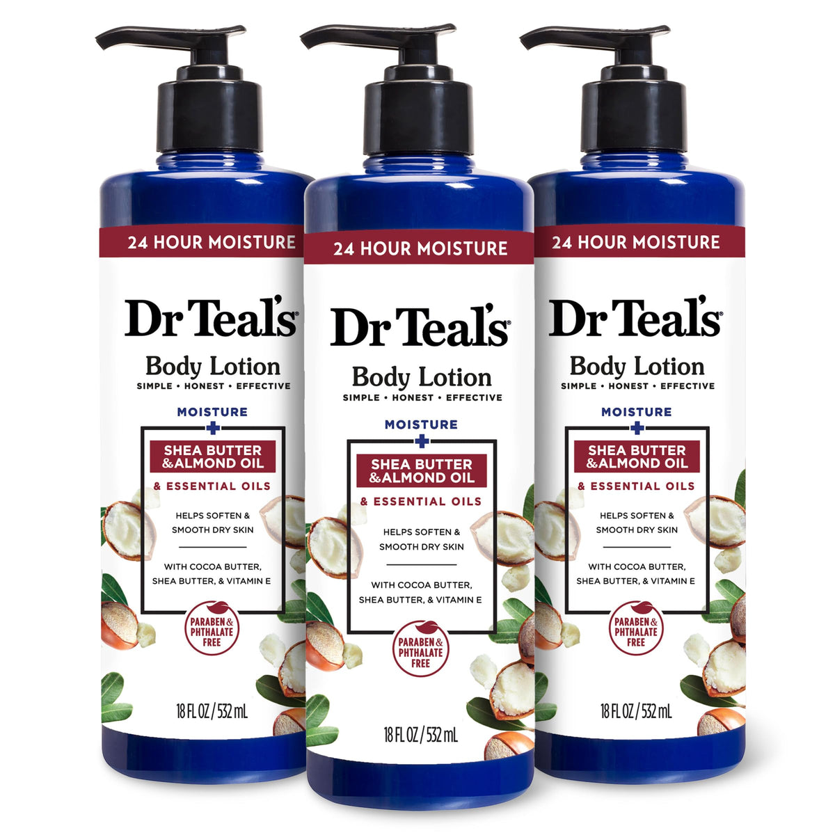 Dr Teal's Body Lotion bottle with shea and almond delivers deep hydration.