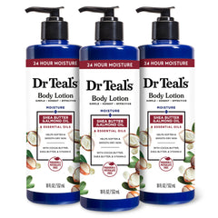 Dr Teal's Body Lotion bottle with shea and almond delivers deep hydration.