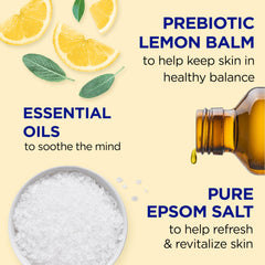Dr Teal's bottle-lather close-up highlighting soothing Epsom salt and refreshing feel.