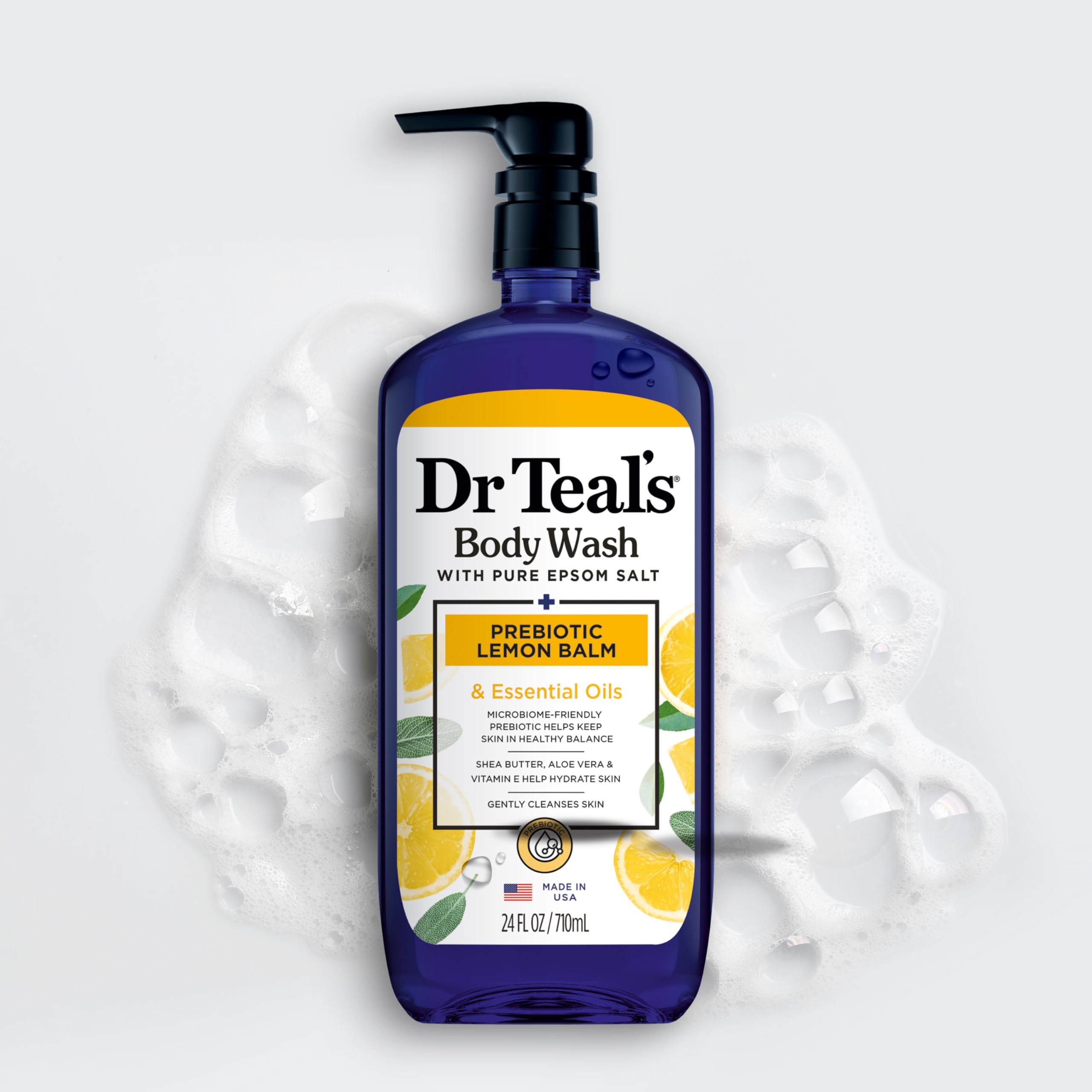 Dr Teal's four-pack bottles stacked neatly for value and convenience.