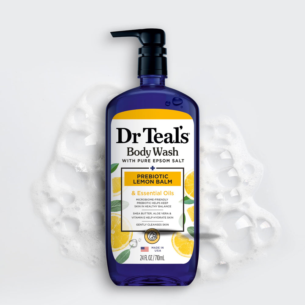 Dr Teal's four-pack bottles stacked neatly for value and convenience.