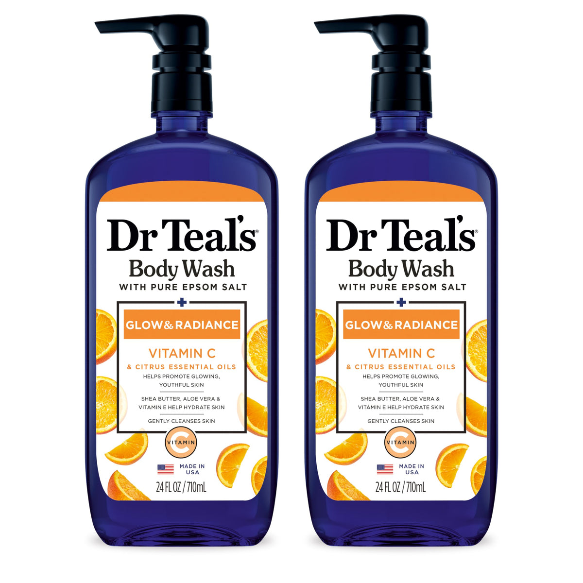 Dr Teal's Body Wash bottle on a bathroom shelf for a refreshing cleanse.