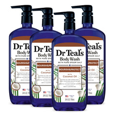 Dr Teal's body wash with Pure Epsom Salt bottle highlighting soothing potential