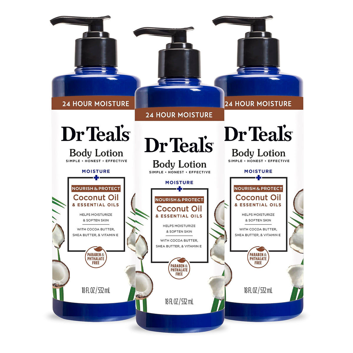 Dr Teal's coconut oil body lotion pack of 3 bottles for hydration.