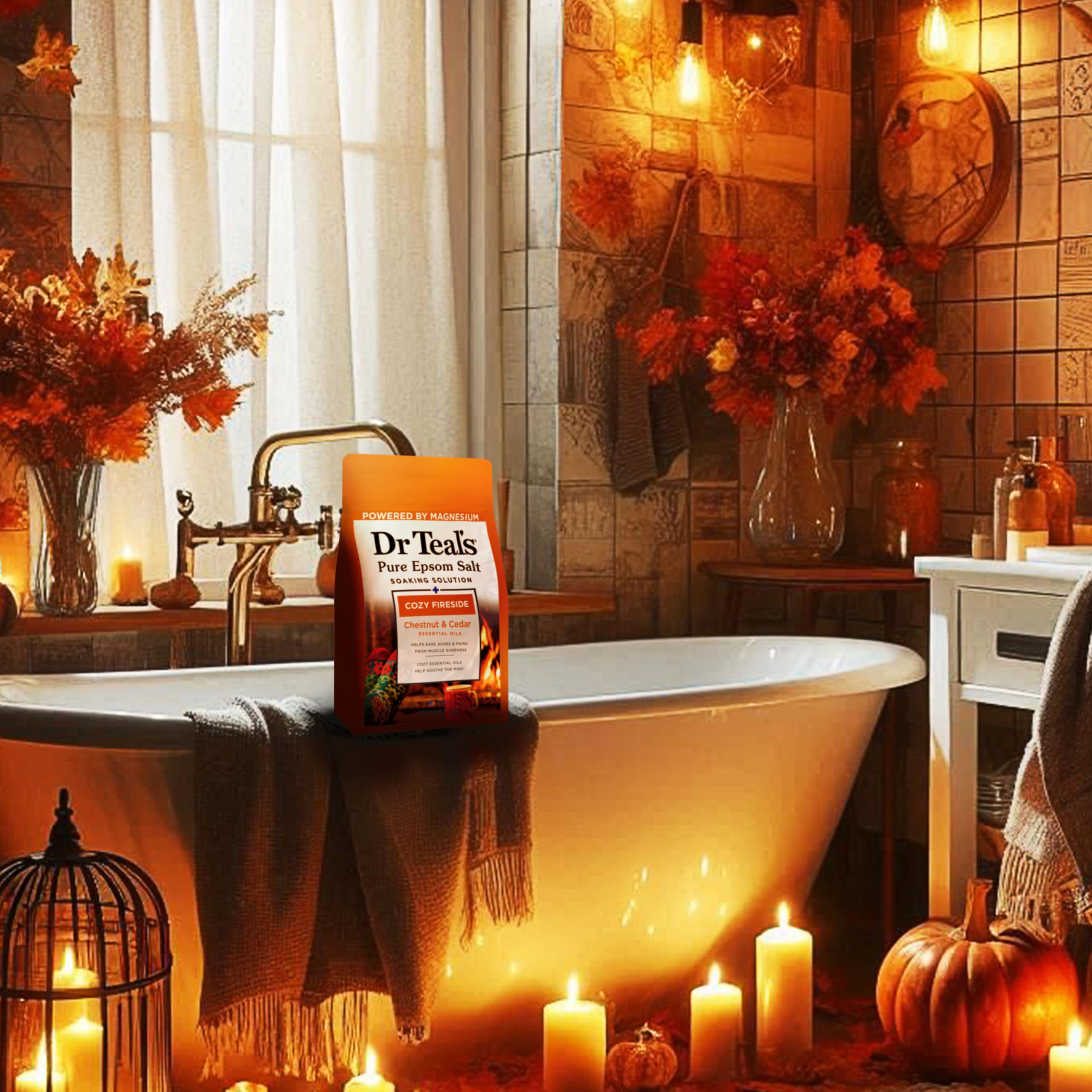 Dr Teal's Cozy Fireside set in a serene bathroom spa.