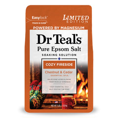 Dr Teal's Cozy Fireside Epsom Salt bottle for relaxing bath.